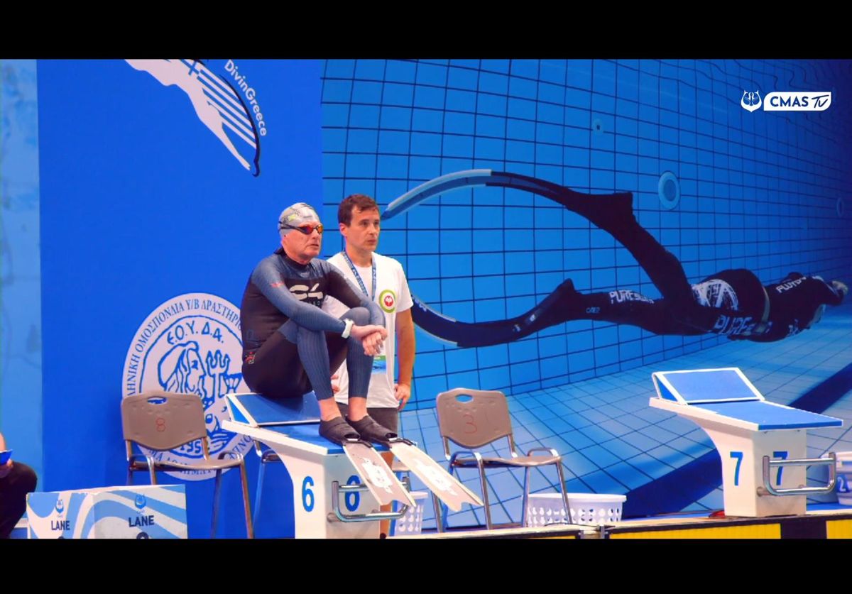 Nicola Cacco con il padre Aldo Cacco ai Mondiali di apnea